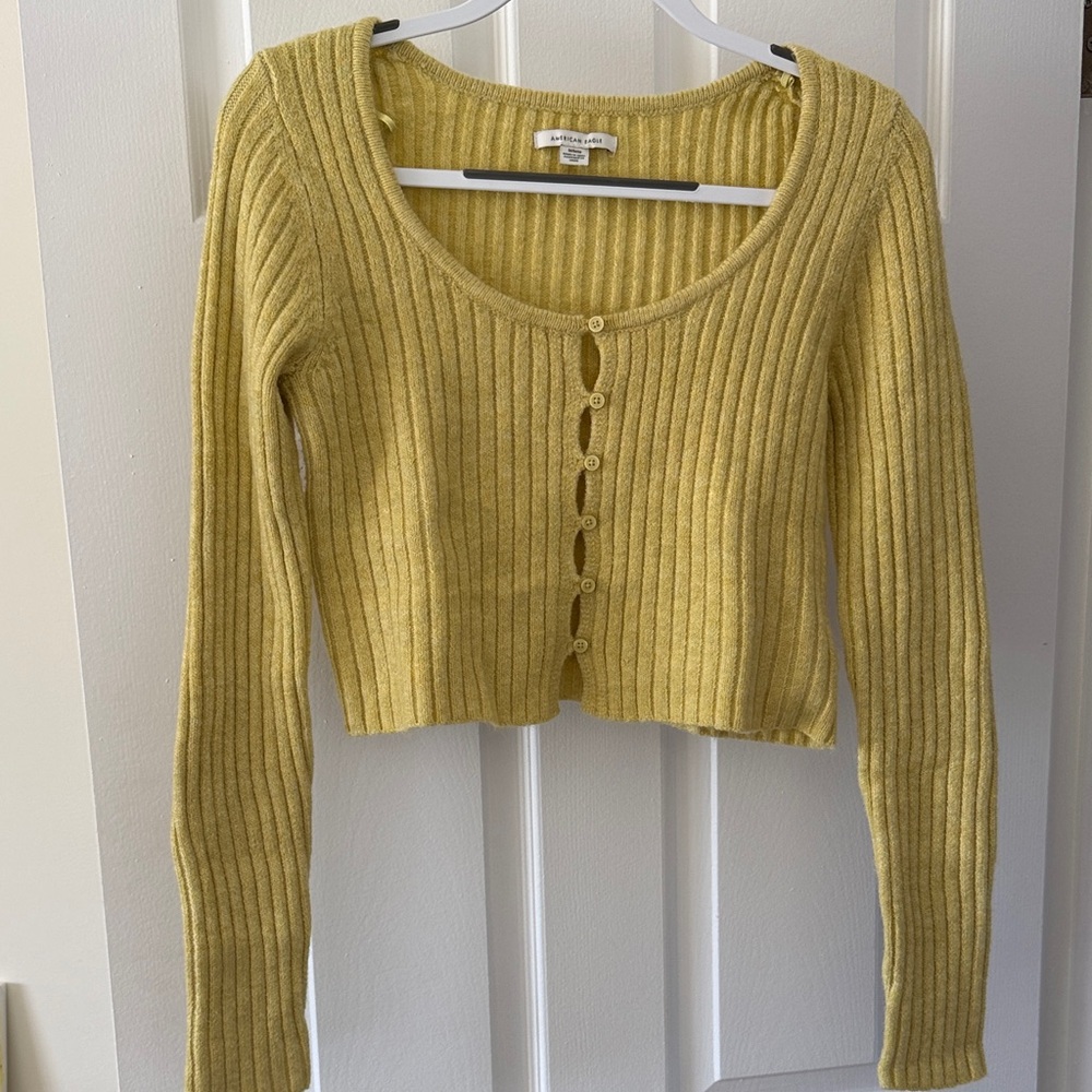 American Eagle Yellow Ribbed Button-Up Cardigan